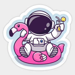 Cute Astronaut On Flamingo Swimming Tires And Orange Juice Cartoon Sticker